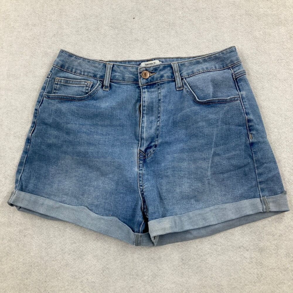 Forever 21 Women's Size 29 High Rise Cuffed Denim Jean Shorts Blue Light Wash